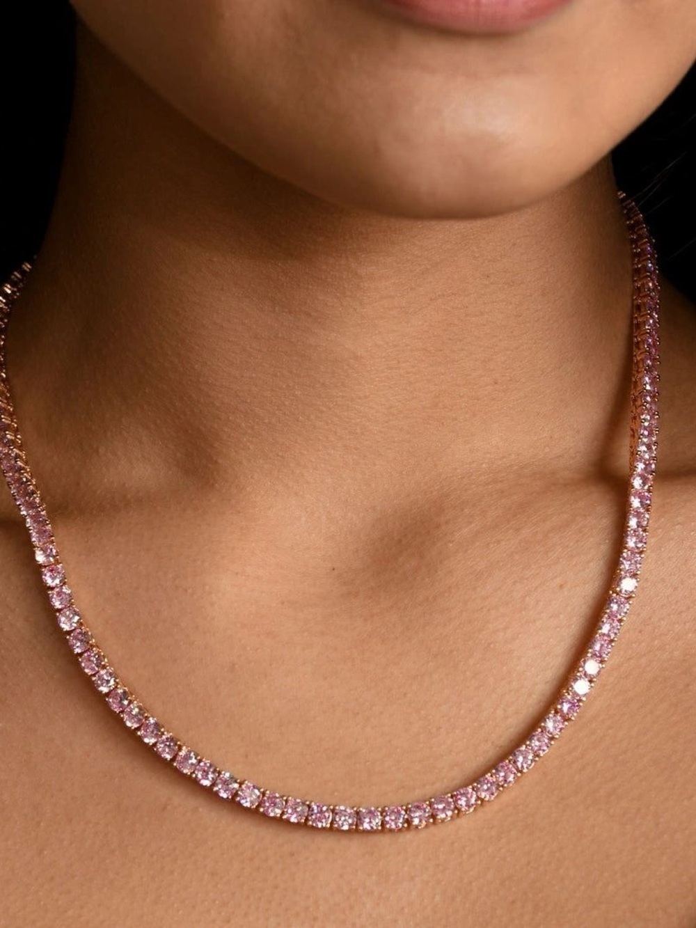 Rose Gold Tennis Necklace with Pink CZ Stones